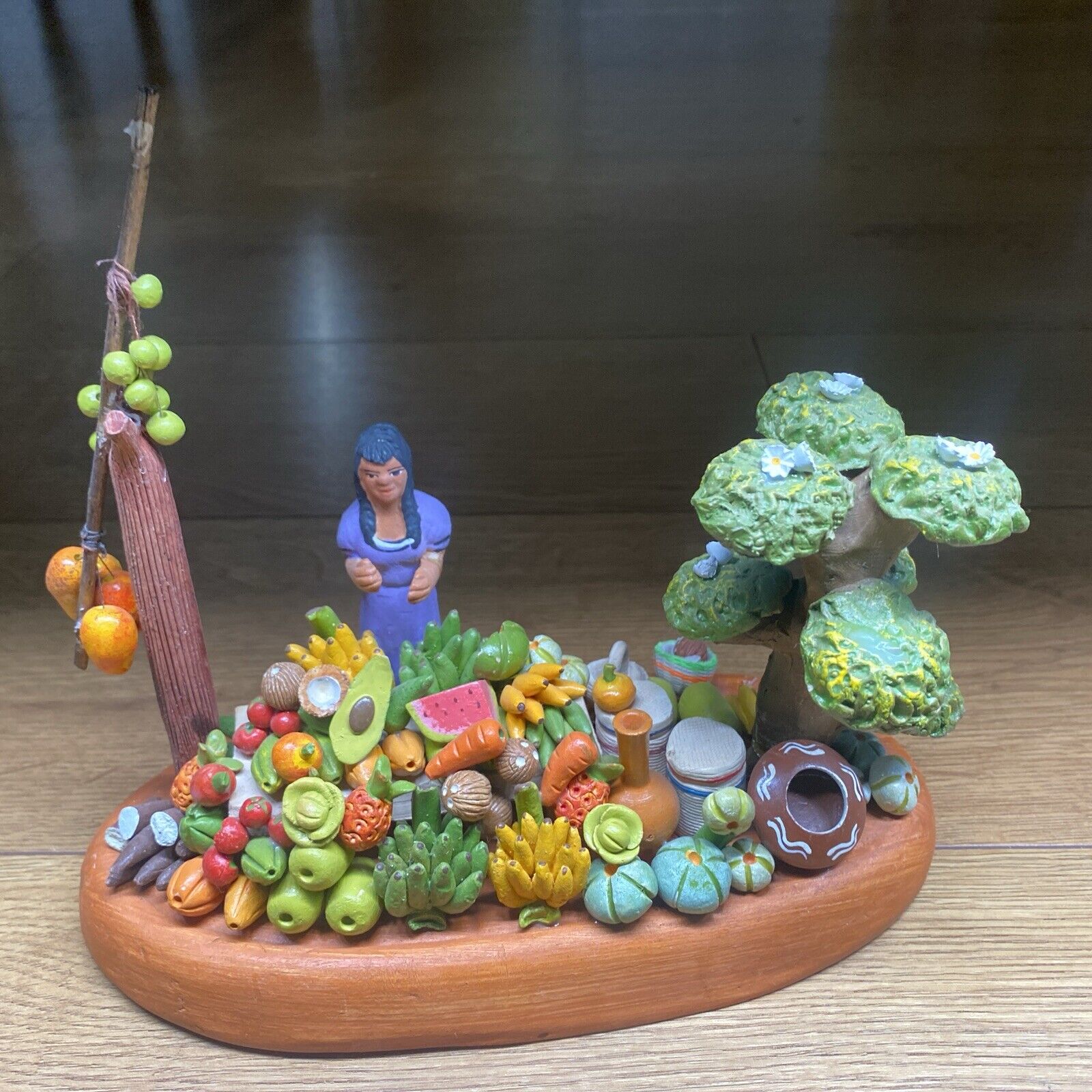 Miniature Fruit Vegetable Stand Market Handmade Clay Pottery Sculpture Vintage