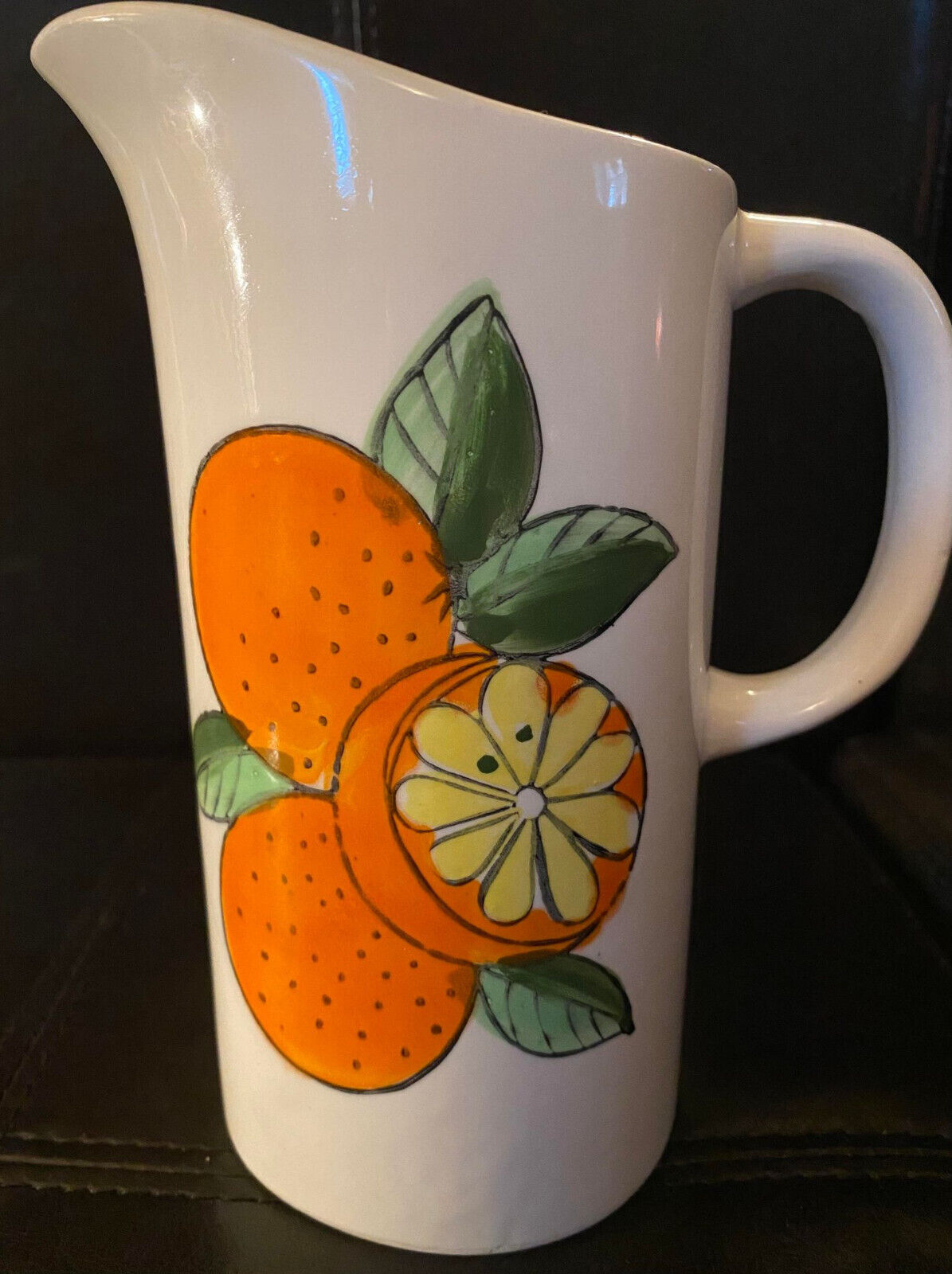 Vintage mid century Ceramic orange juice pitcher 5 1/4”x7”