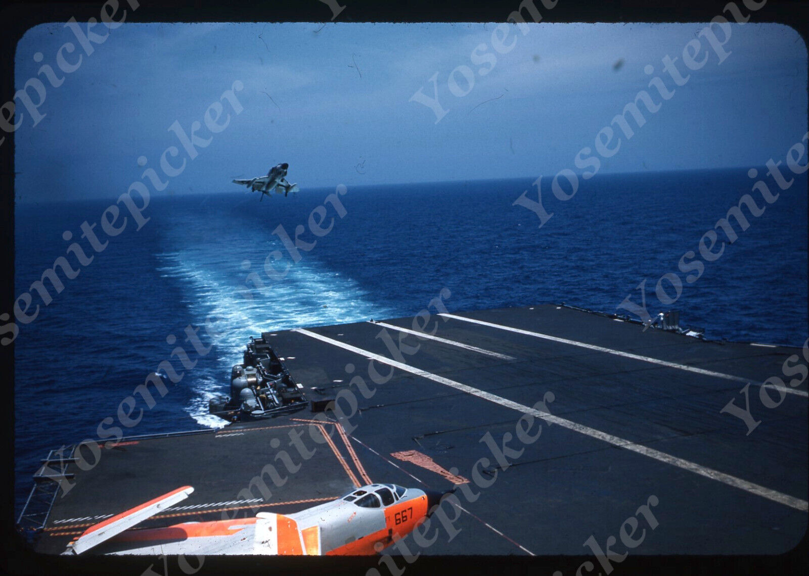 sl87 Original Slide 1960's Military jet landing on carrier ship deck 087a