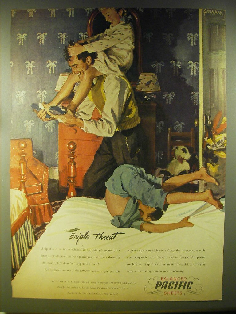 1946 Pacific Balanced Sheets Advertisement - art by John Gannam - Triple Threat