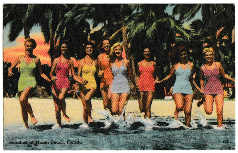 postcard Miami Beach girls in swimsuits running through the water