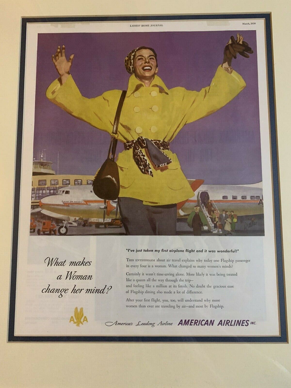 American Airlines Ad ArtLadies Home Journal March 1950 framed Ad rare