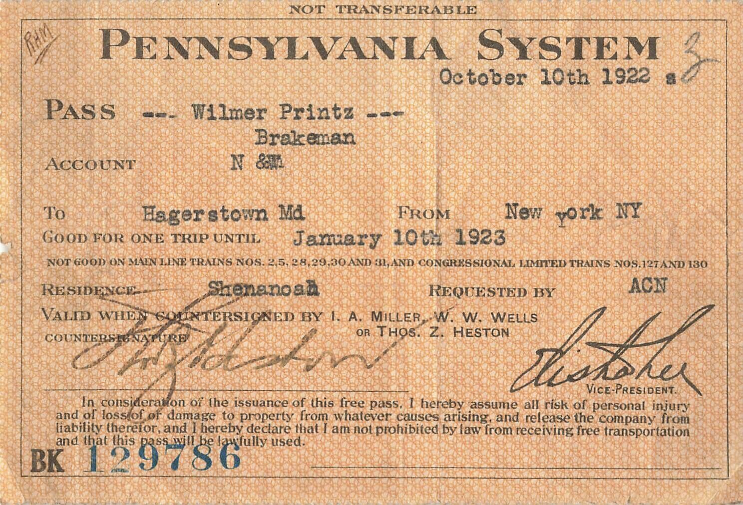 Pennsylvania Railroad System~1923 Pass W Printz-Brakeman N & W Hagerstown to NYC