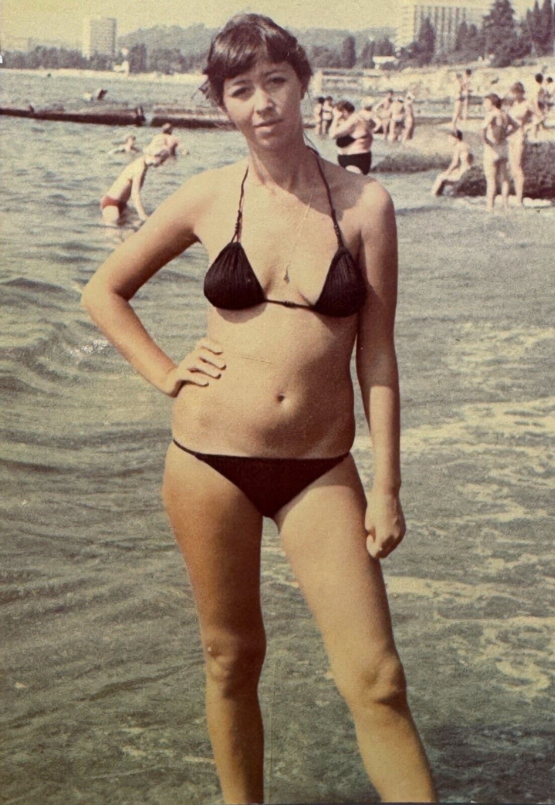 1990s Pretty Young Woman Bikini Beach Female Hands on waist Vintage Photo