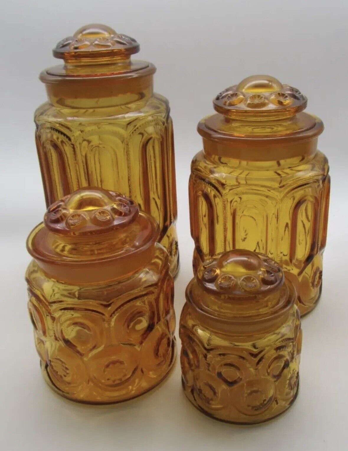 LE Smith Moon and Stars Amber Glass Canister Set 4 Pc. Set + Lids VTG 60s MCM