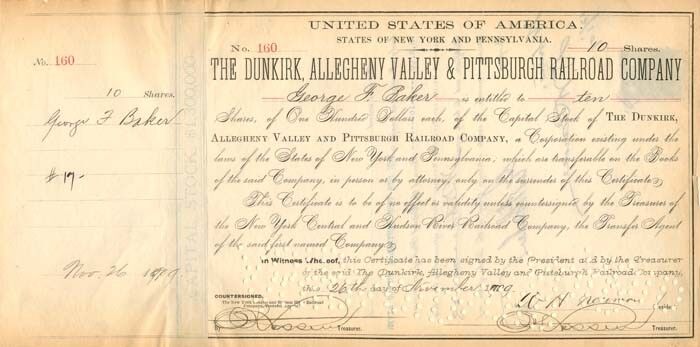 Dunkirk, Allegheny Valley and Pittsburgh Railroad Co. signed by Geo. F. Baker - 