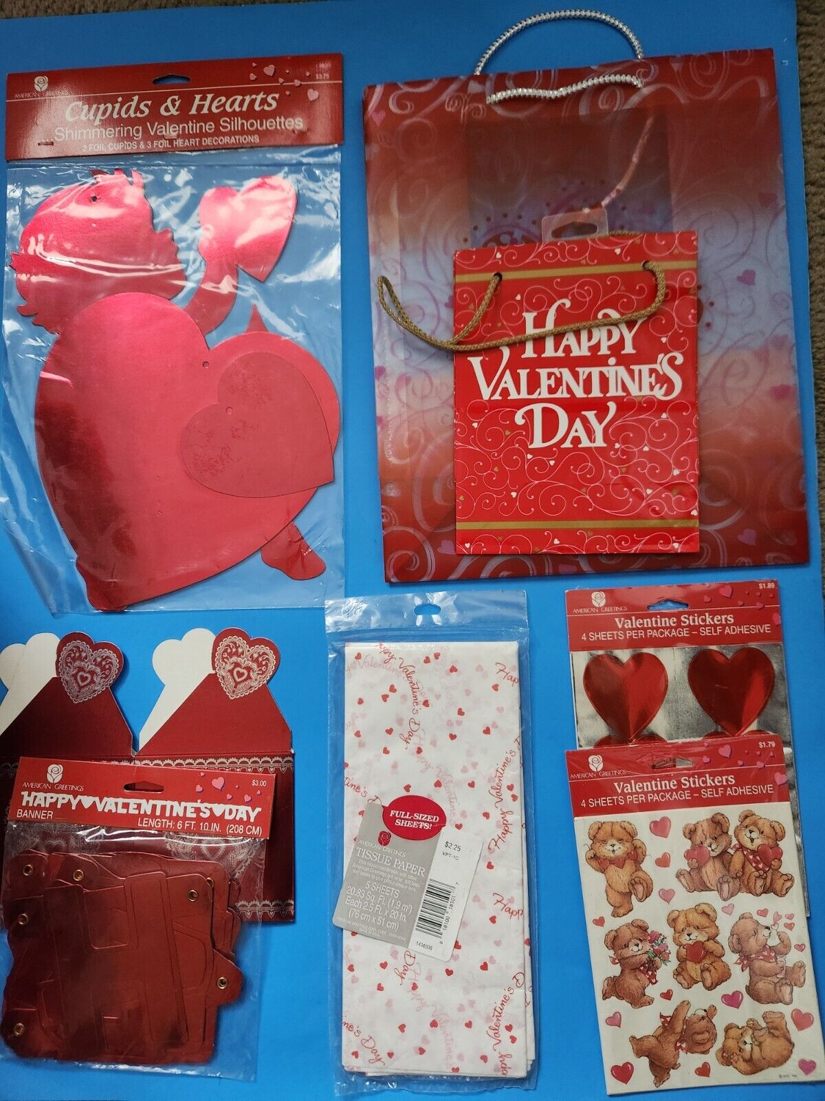 VTG NEW Eight Piece Valentine Pkg Stickers Bags Box Streamer Cutout Tissue Paper