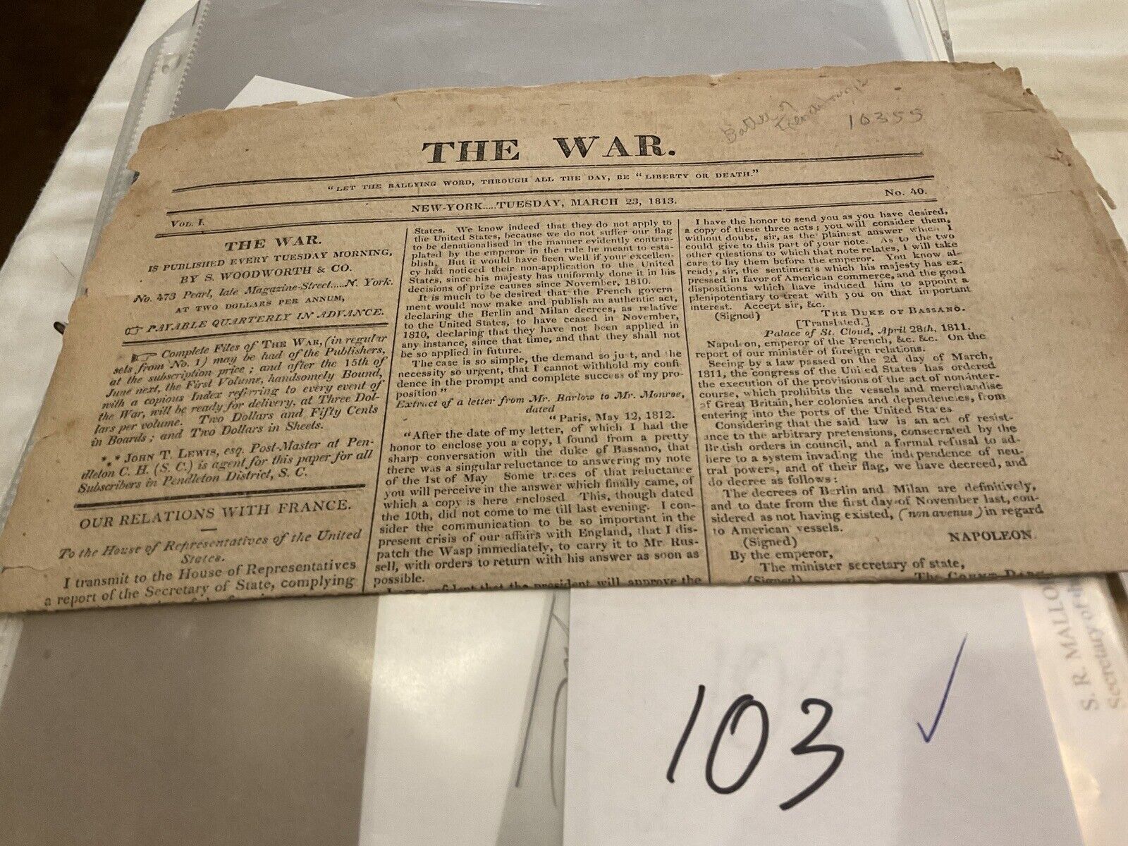 103 War of 1812 THE WAR Battle Newspaper Complete March 23 1813 LIBERTY Monroe