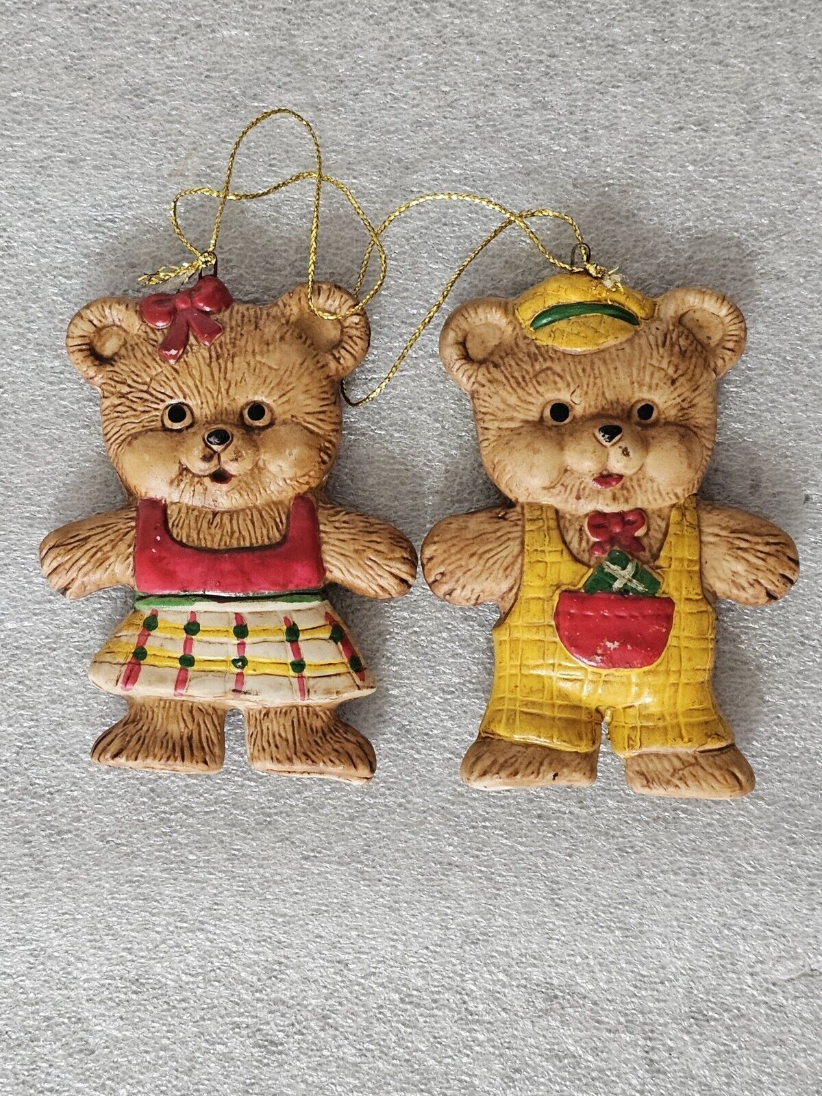 Two Ceramic Pair of Bears, Christmas Ornaments, Boy, Girl, Vintage