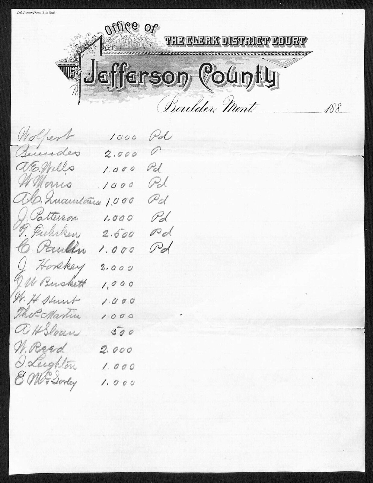 Boulder Montana Jefferson County Clerk District Court - 1880\'s Letterhead