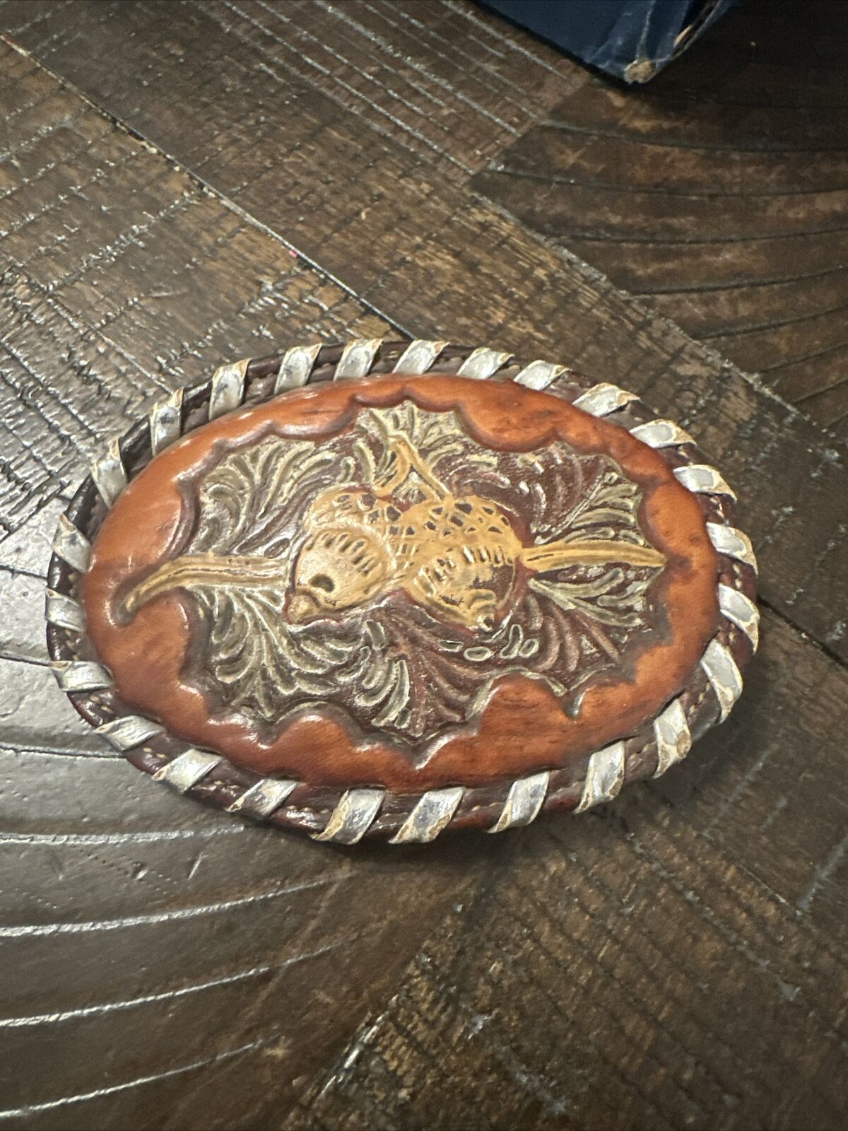 Leather Tony Lama Acorn & Leaves Cowboy Cowgirl Hippie Vintage Belt Buckle