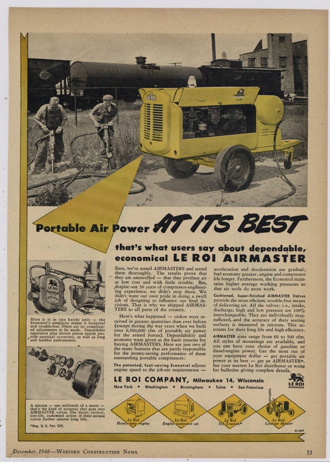 1946 Le Roi Co. Ad: Airmaster Compressor Pictured - Closeup of Mechanisms