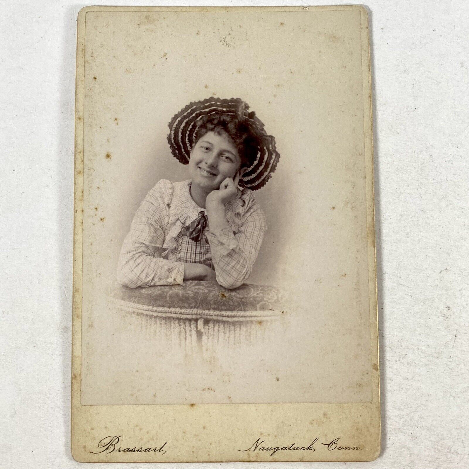 Antique Cabinet Card Photo Happy Girl Bonnet Ruffles Angelic Smile Naugatuck CT