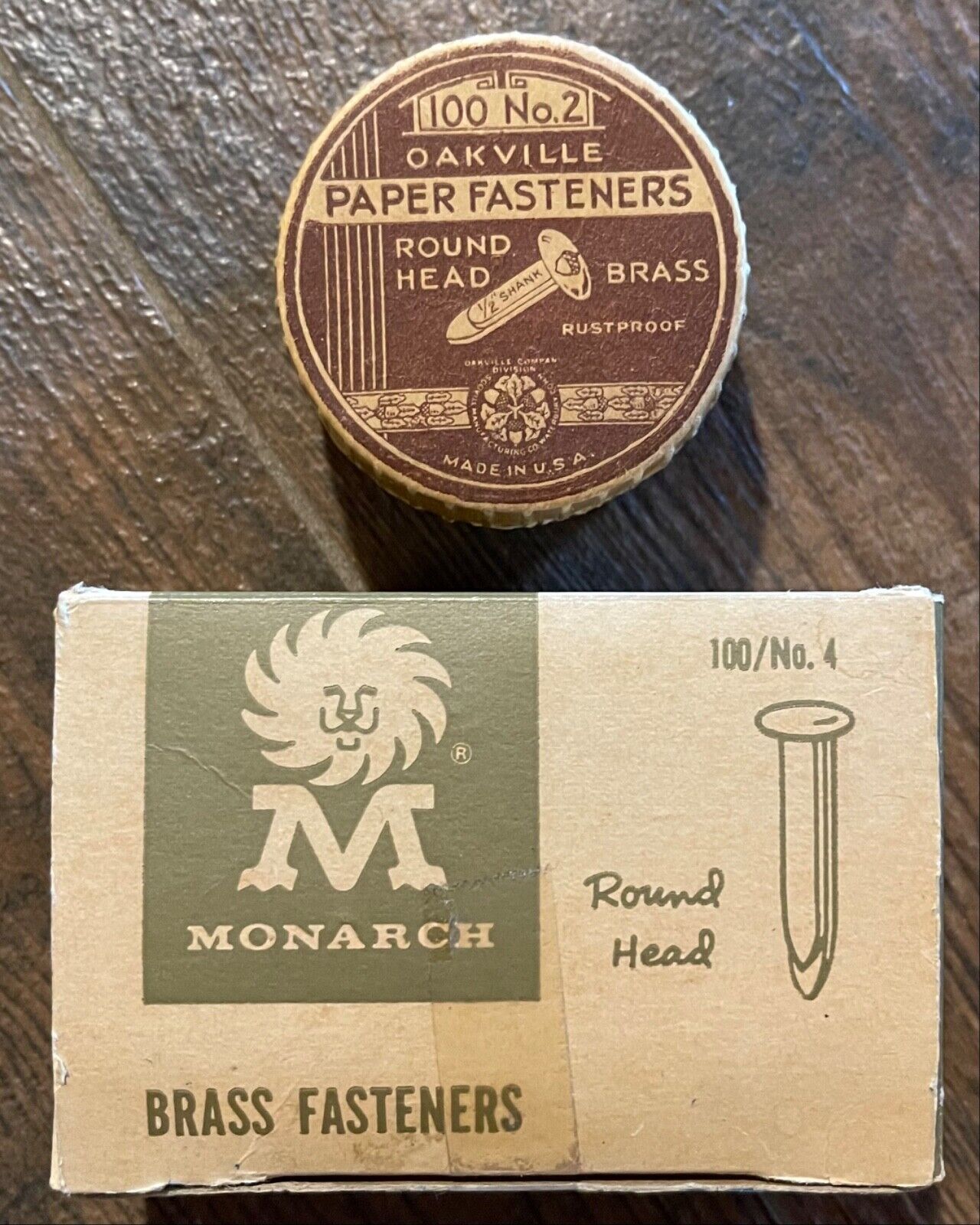 Lot 2 Vintage Brass Paper Fasteners Brads Oakville No.2 Monarch No.4