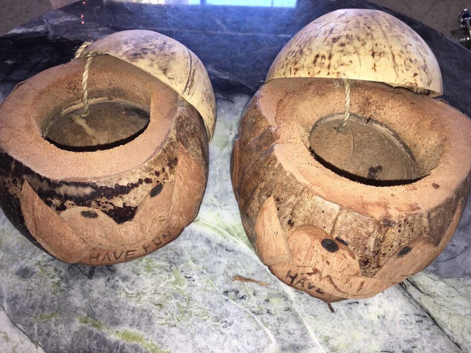 Pair of Hawaiian Coconut Head Tiki Mugs Drinking Cup /Bowl, Bar Keepsake NWT