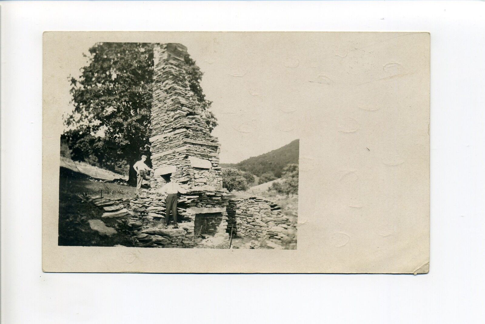 Granville VT RPPC real photo men working on large, dilapidated chimney, early