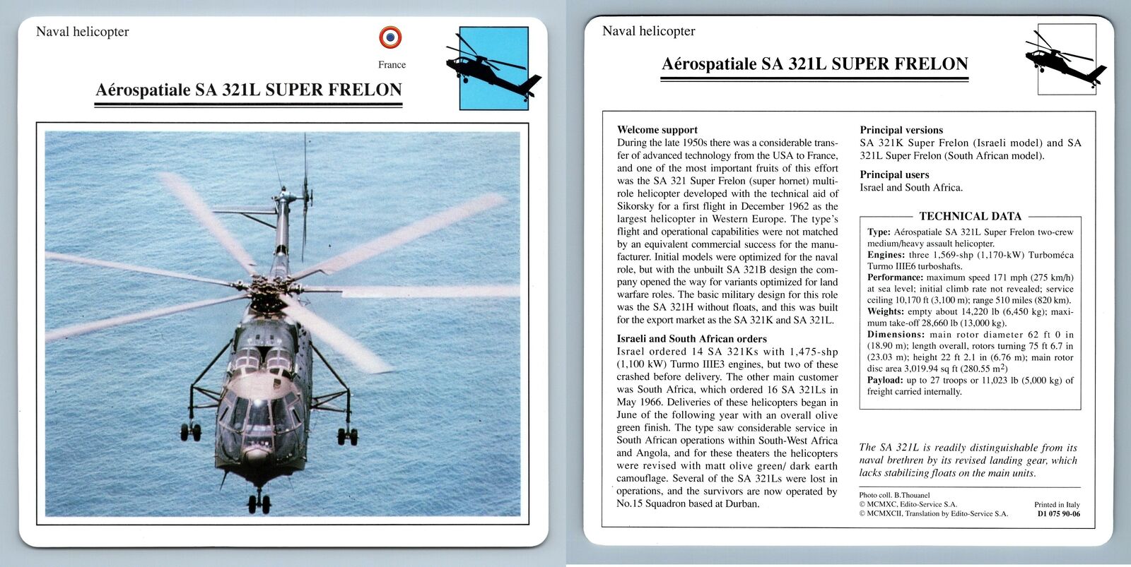 Aerospatiale SA 321L Super Frelon - Naval  - Warplanes Collectors Club Card