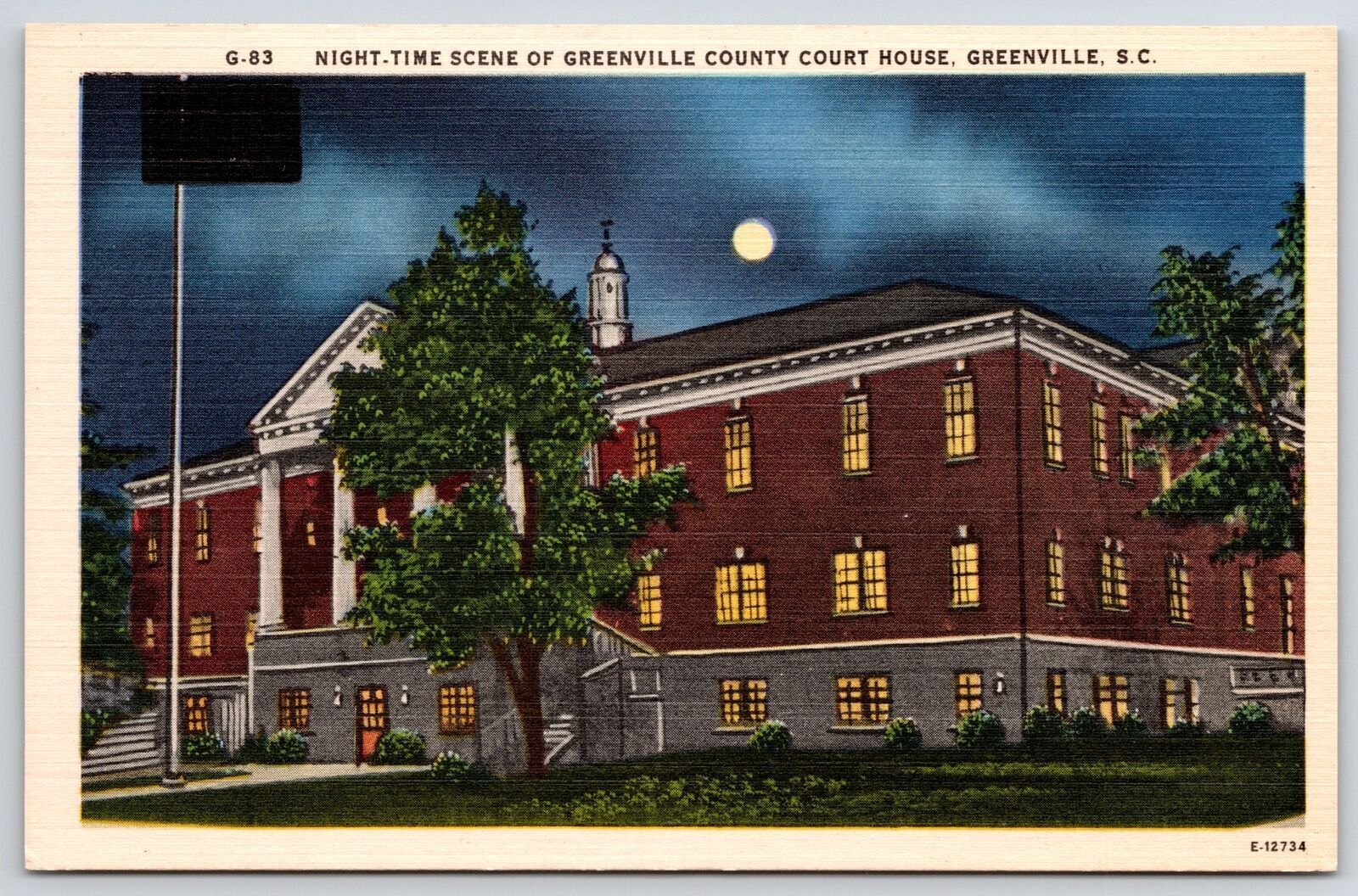 Vintage Postcard Night-Time Scene Greenville County Court House South Carolina
