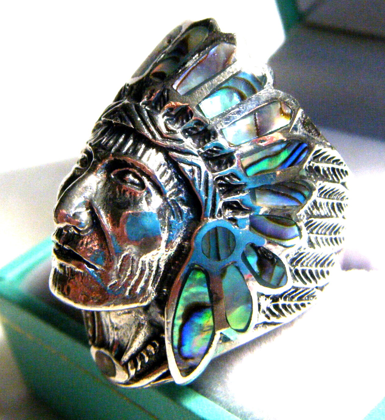 Wide Vintage Navajo Indian Cheif Head Mthr Pearl Inlay Mens Sterling Size 9 Ring