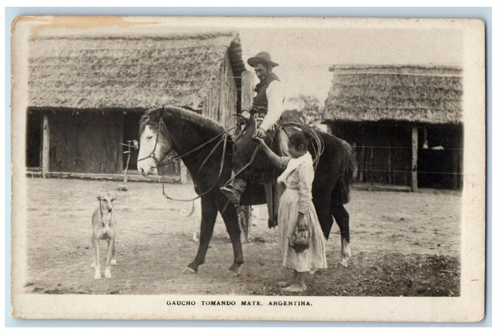 c1910's Gaucho Tomando Mate Argentina, Cowboy Dog Antique RPPC Photo Postcard