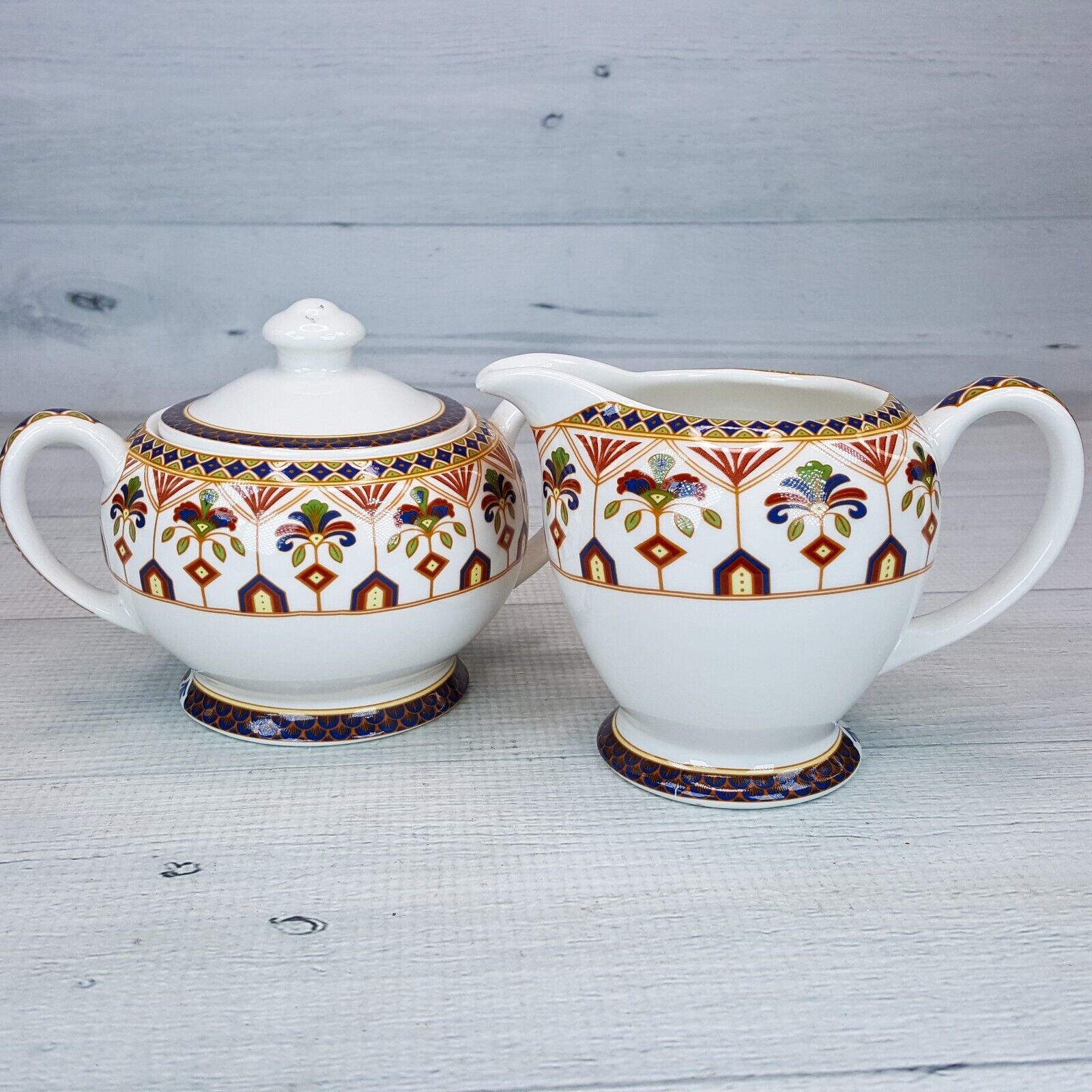 Queen\'s Imari Creamer & Covered Sugar Bowl Set Ceramic Ornate Pattern India
