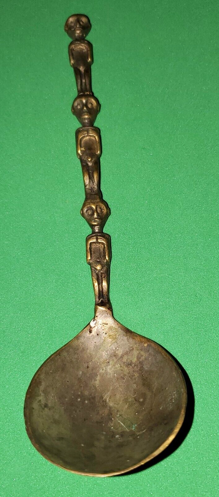 Antique Wide Bowl Spoon With Three Figures, Possibly Handmade