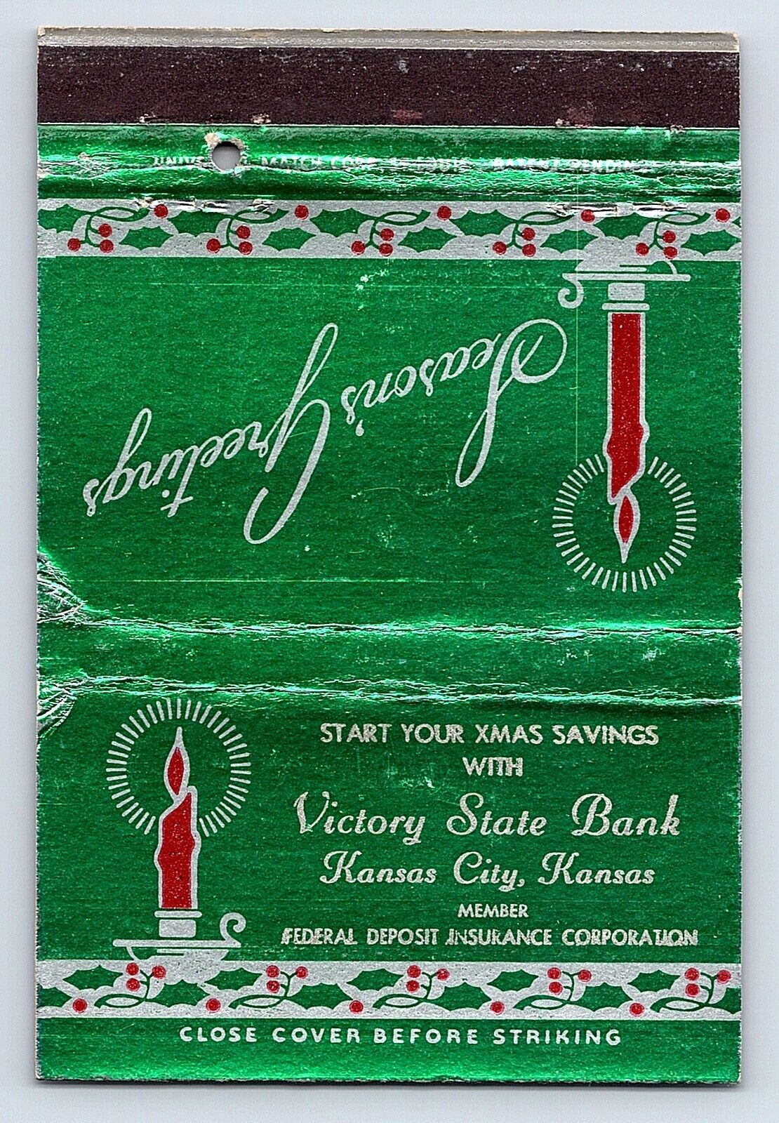 40-Strike Vintage Matchbook Season Greetings Victory State Bank Kansas City KS
