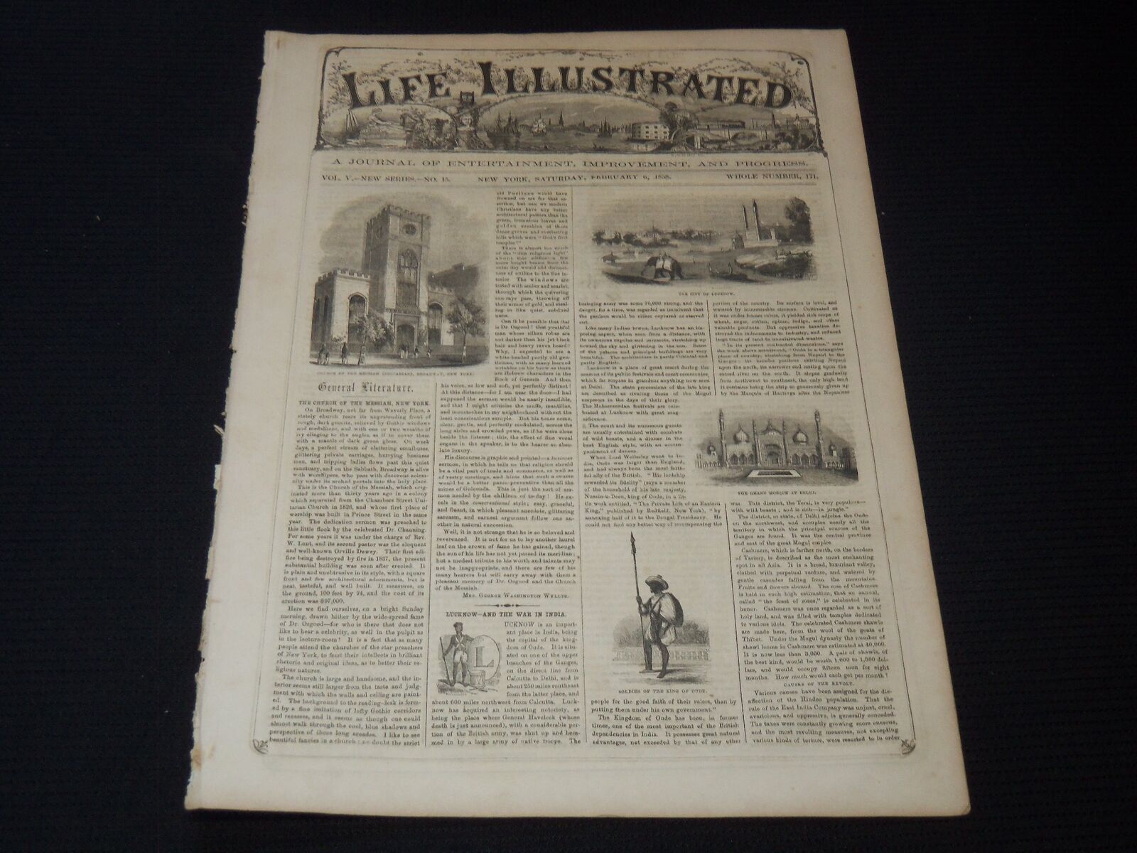 1858 FEBRUARY 6 LIFE ILLUSTRATED NEWSPAPER - CHURCH OF MESSIAN NEW YORK- NP 5899