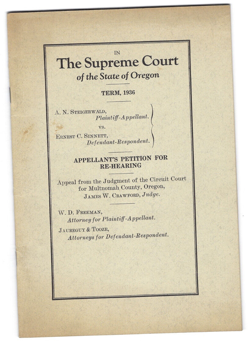 c1936 Supreme Court State Of Oregon Petition For Rehearing Trial Book Vintage