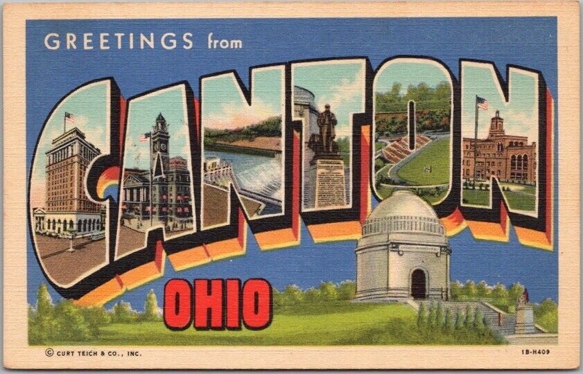 CANTON, Ohio Large Letter Postcard McKinley Memorial / Curteich Linen / Unused