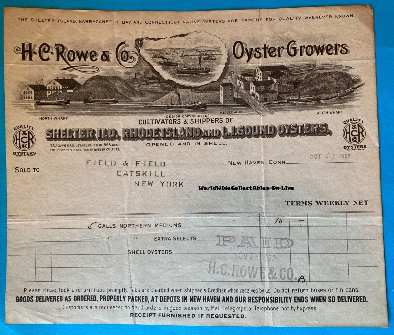 Oct 1922 H.C. Rowe & Co. Oyster Growers Billhead LI Sound Oysters Field Catskill