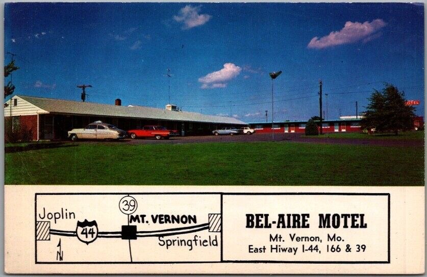 MT. VERNON, Missouri Postcard BEL-AIRE MOTEL Highway ROUTE 66 Roadside c1960s
