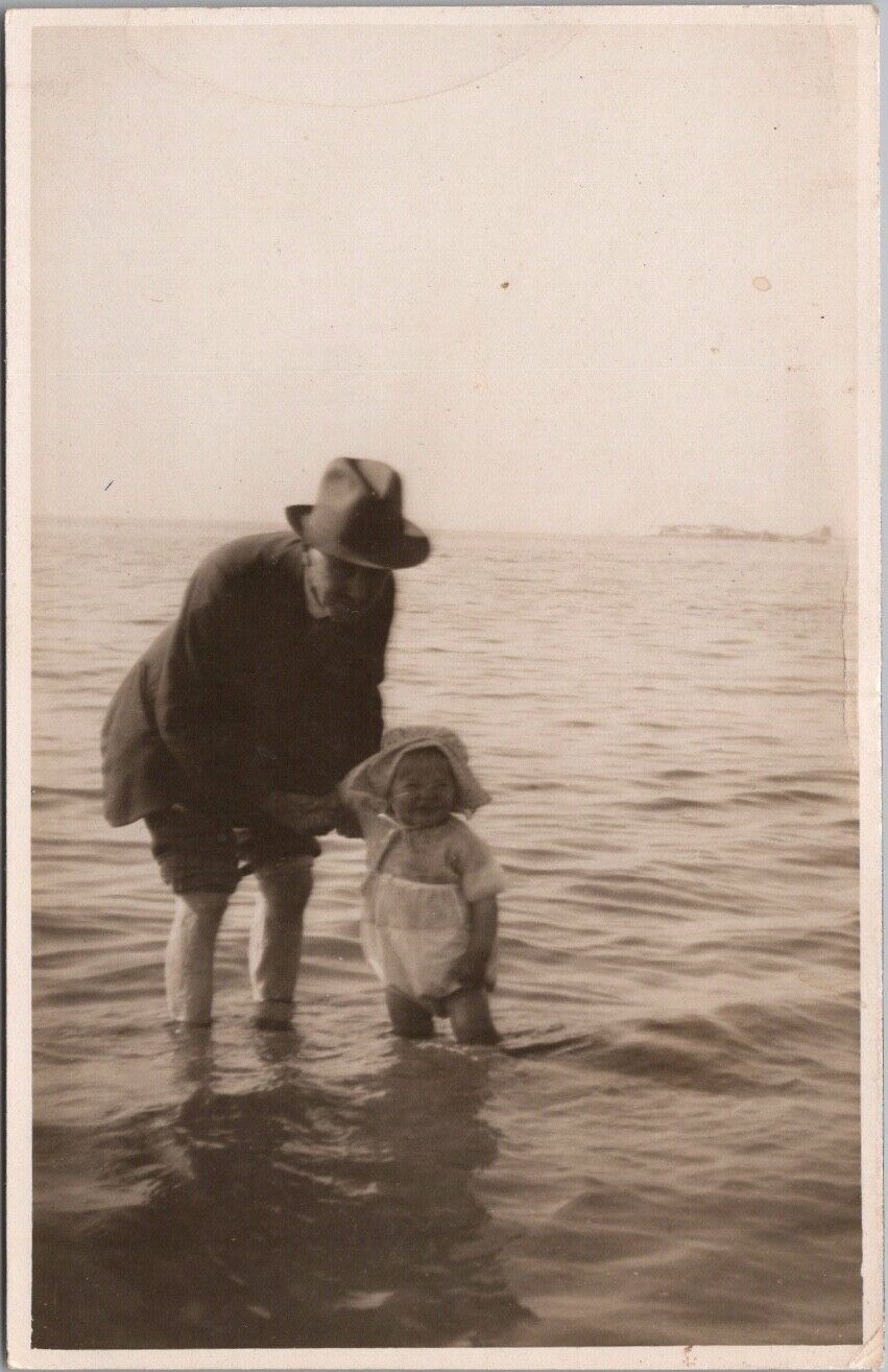 Vintage 1910s England UK RPPC Real Photo Postcard Baby Bathing on the Beach