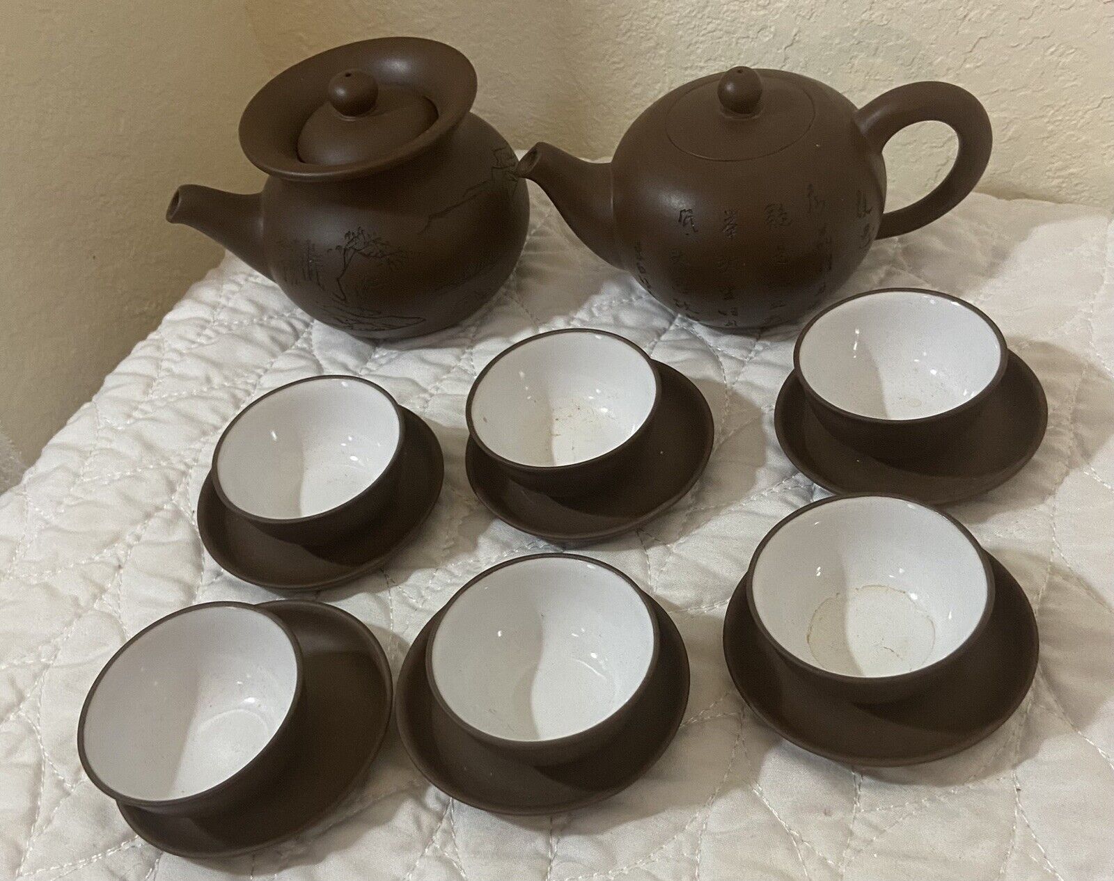 17 Pc. Lot Chinese Brown Clay Tea Pot Set-Marked