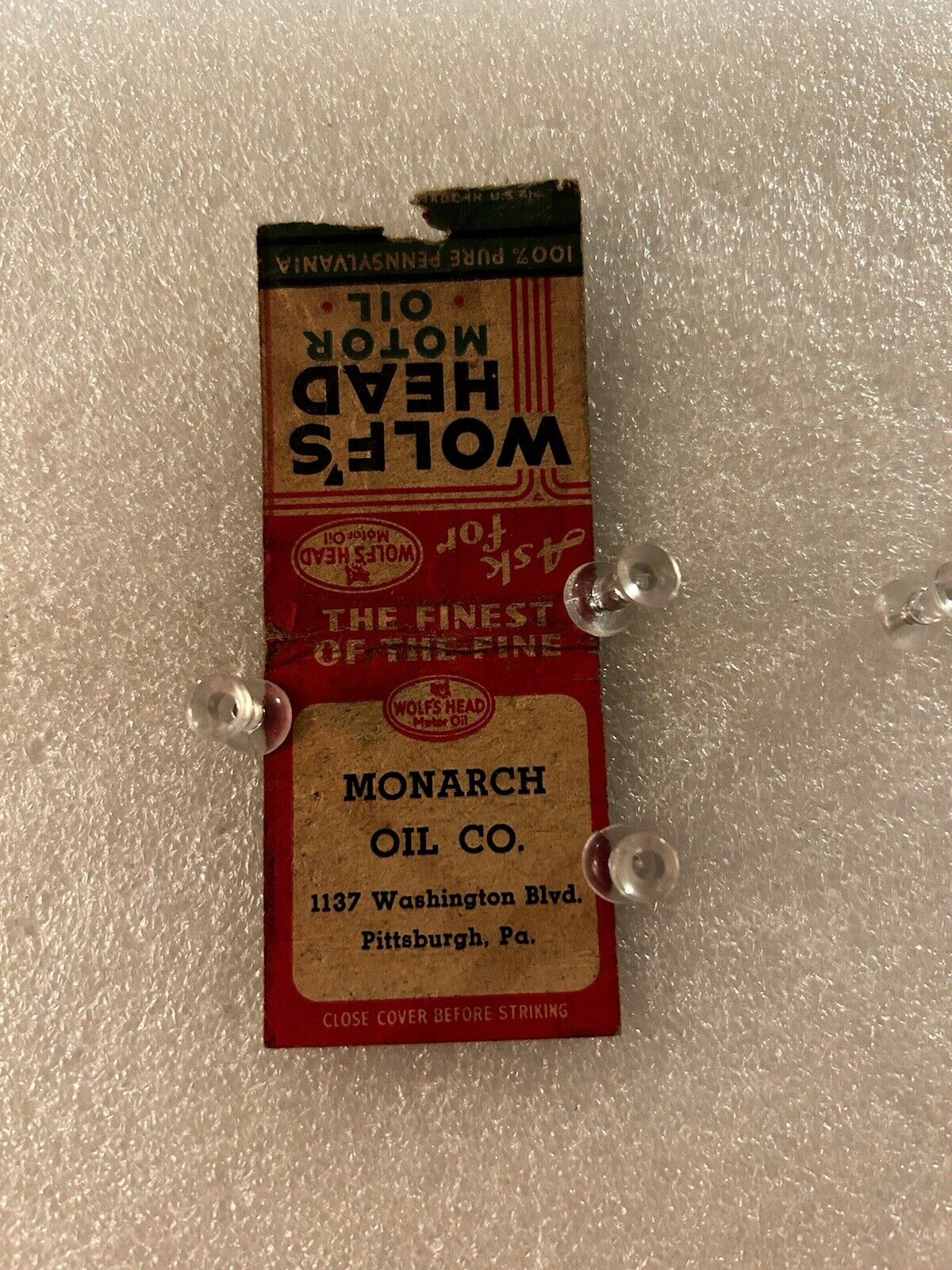 Pittsburgh Pa Pennsylvania Monarch Oil Wolf’s Head Matchbook Vintage Gas Station