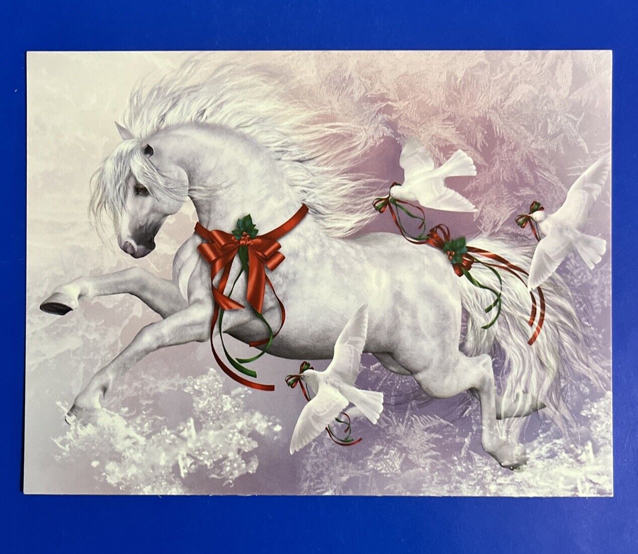 ARABIAN LIPIZZAN ANDALUSIAN HORSE POSTCARD CHRISTMAS ART DOVE RED BOW 4.25”x5.5”