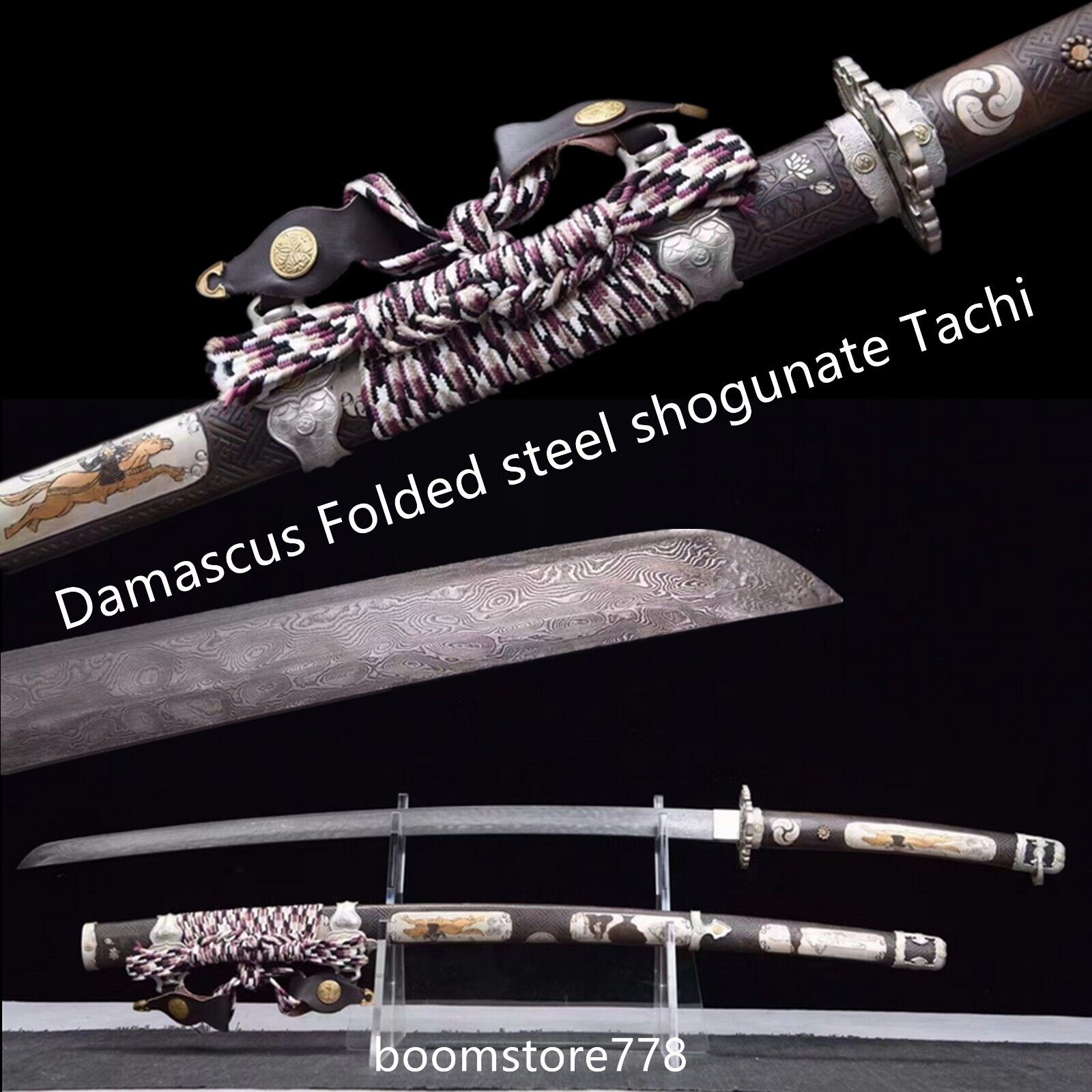Hand Forged Damascus Folded steel Japanese Shogunate Tachi Sword Brass Saya