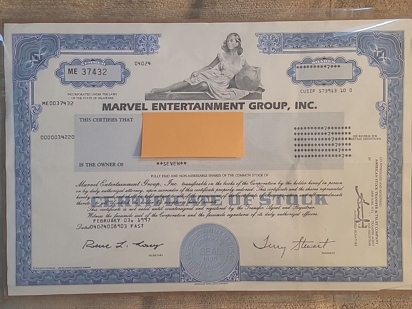 Marvel Entertainment Bankruptcy Era Certificate of 7 Shares Of Stock 1997