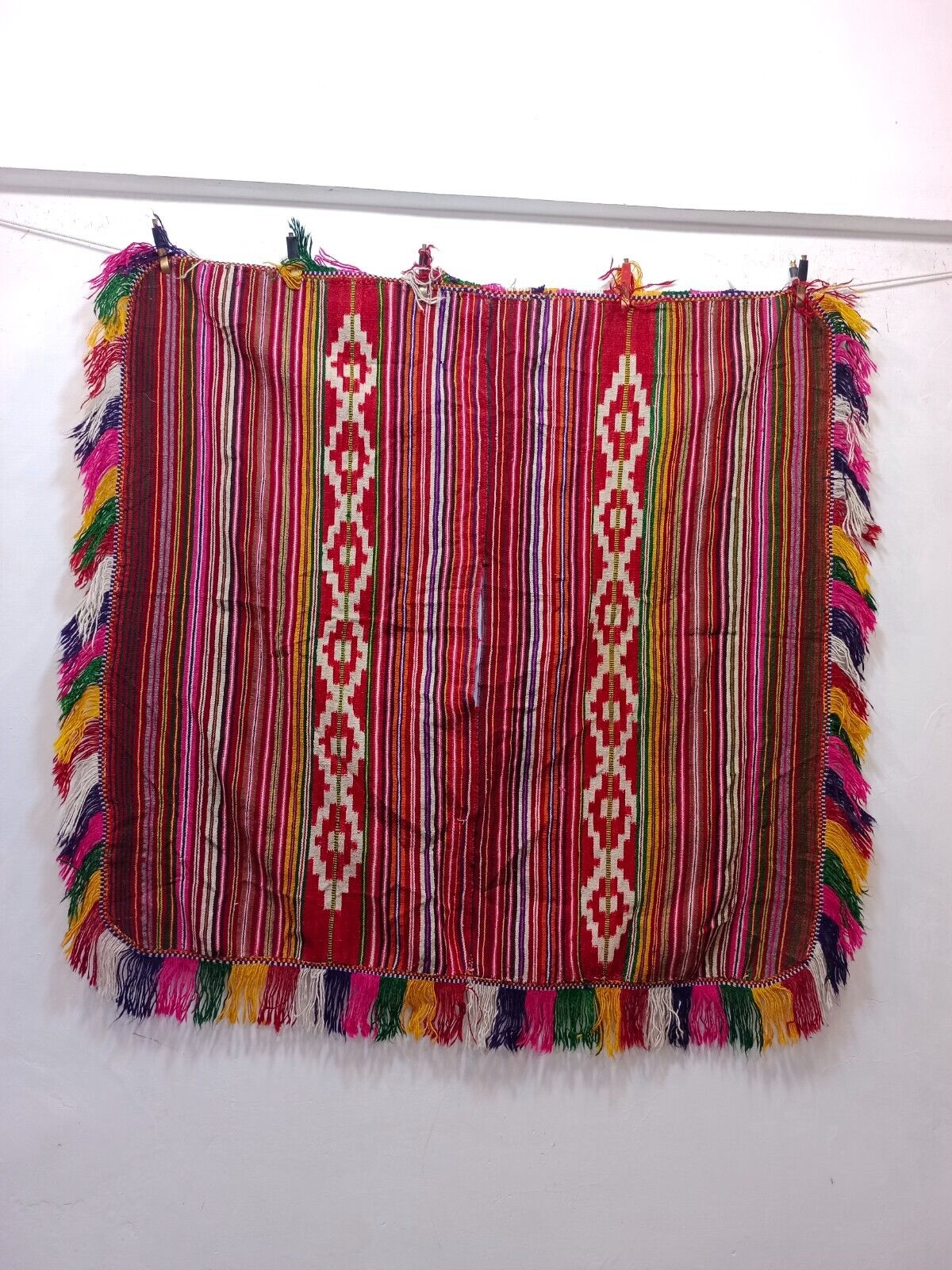 Vintage Gorgeous Hand Woven Peruvian Or Bolivian Wool Textile Fringed 109×115 Cm