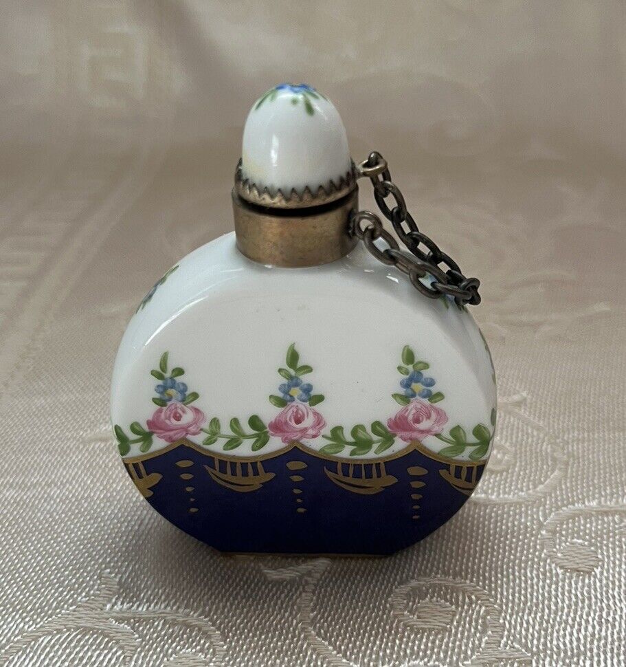 Vintage Peint Main Limoges France Porcelain Perfume Scent Bottle Floral Signed