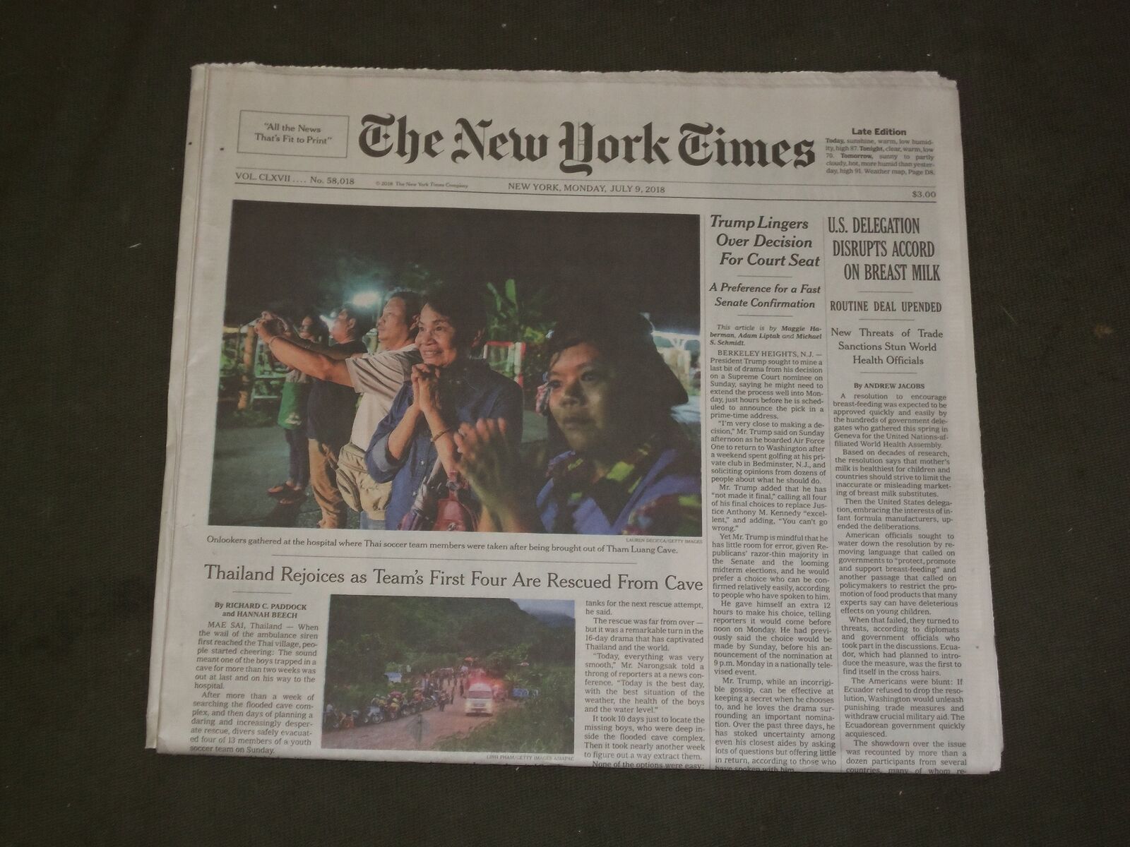 2018 JULY 9 NEW YORK TIMES - FIRST FOUR BOYS ARE RESCUED FROM THAILAND CAVE