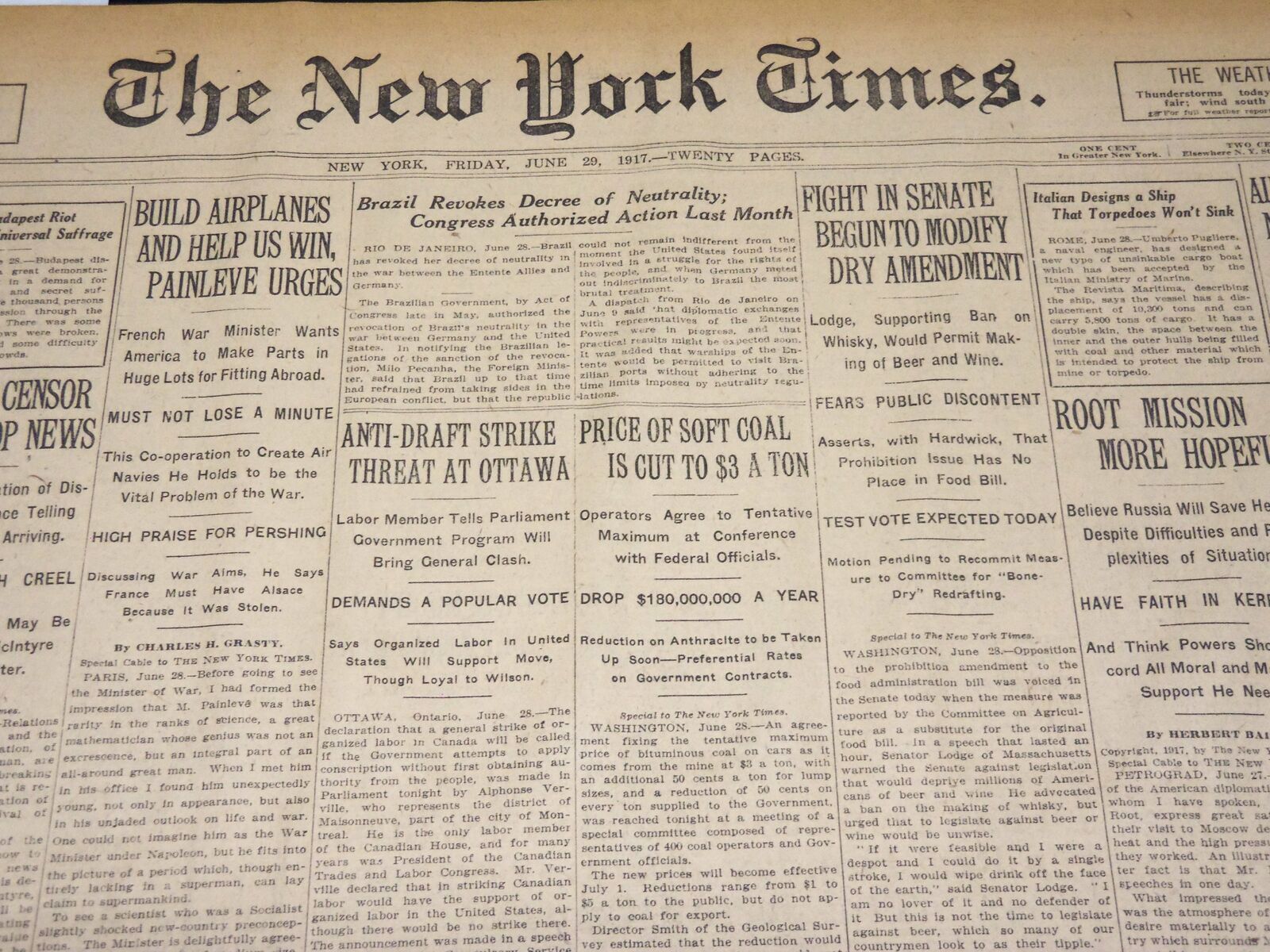 1917 JUNE 29 NEW YORK TIMES NEWSPAPER - FIGHT TO MODIFY DRY AMENDMENT - NT 7800