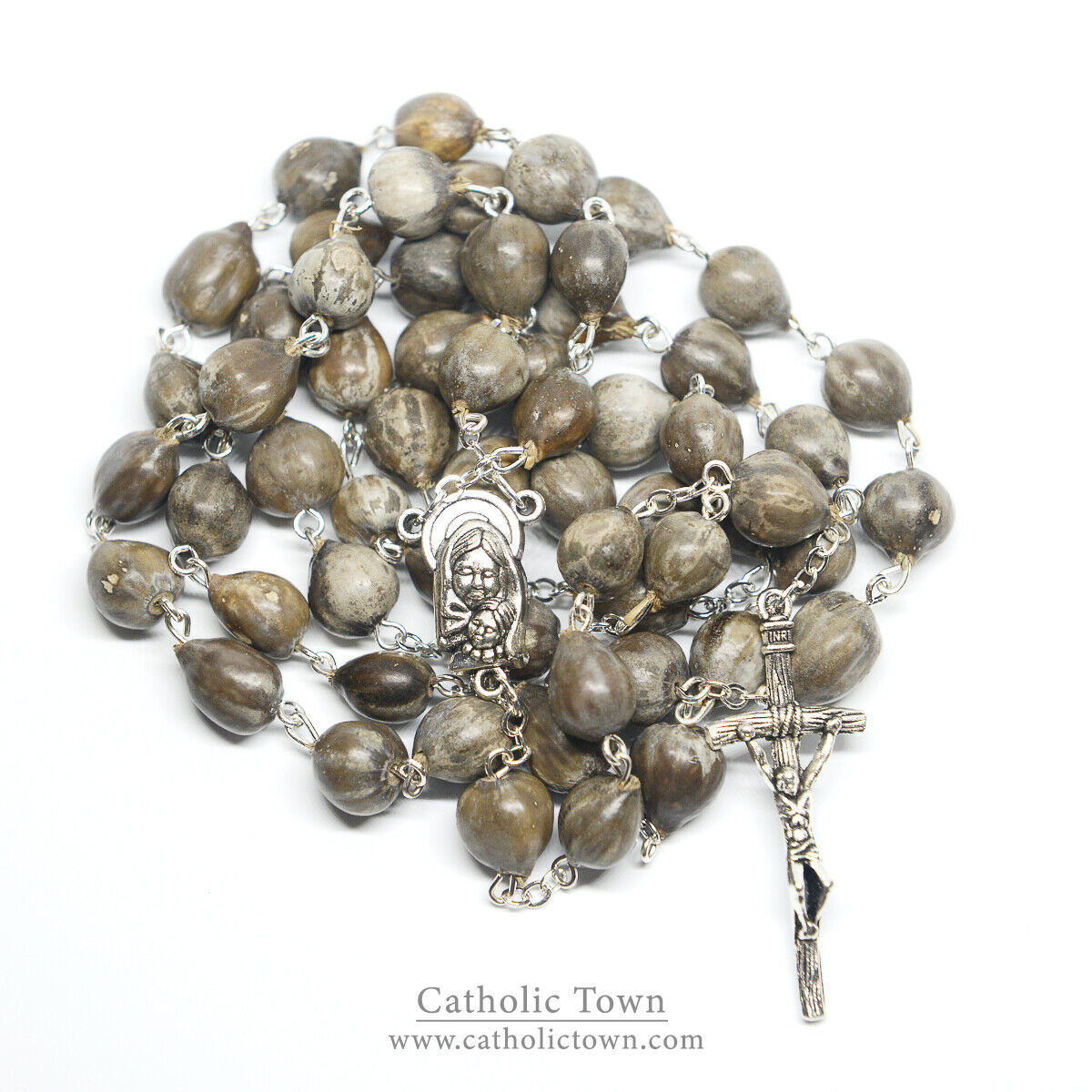 Catholic JOB'S TEARS Seed Bead Rosary with Madonna and Child medal and Crucifix 
