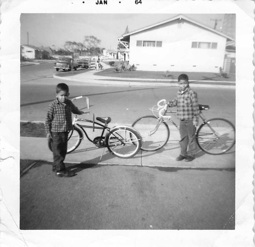 1964 Snapshot B & W Photo Young Neighborhood Mexican Boys Bicycles SoCal 2nd gen