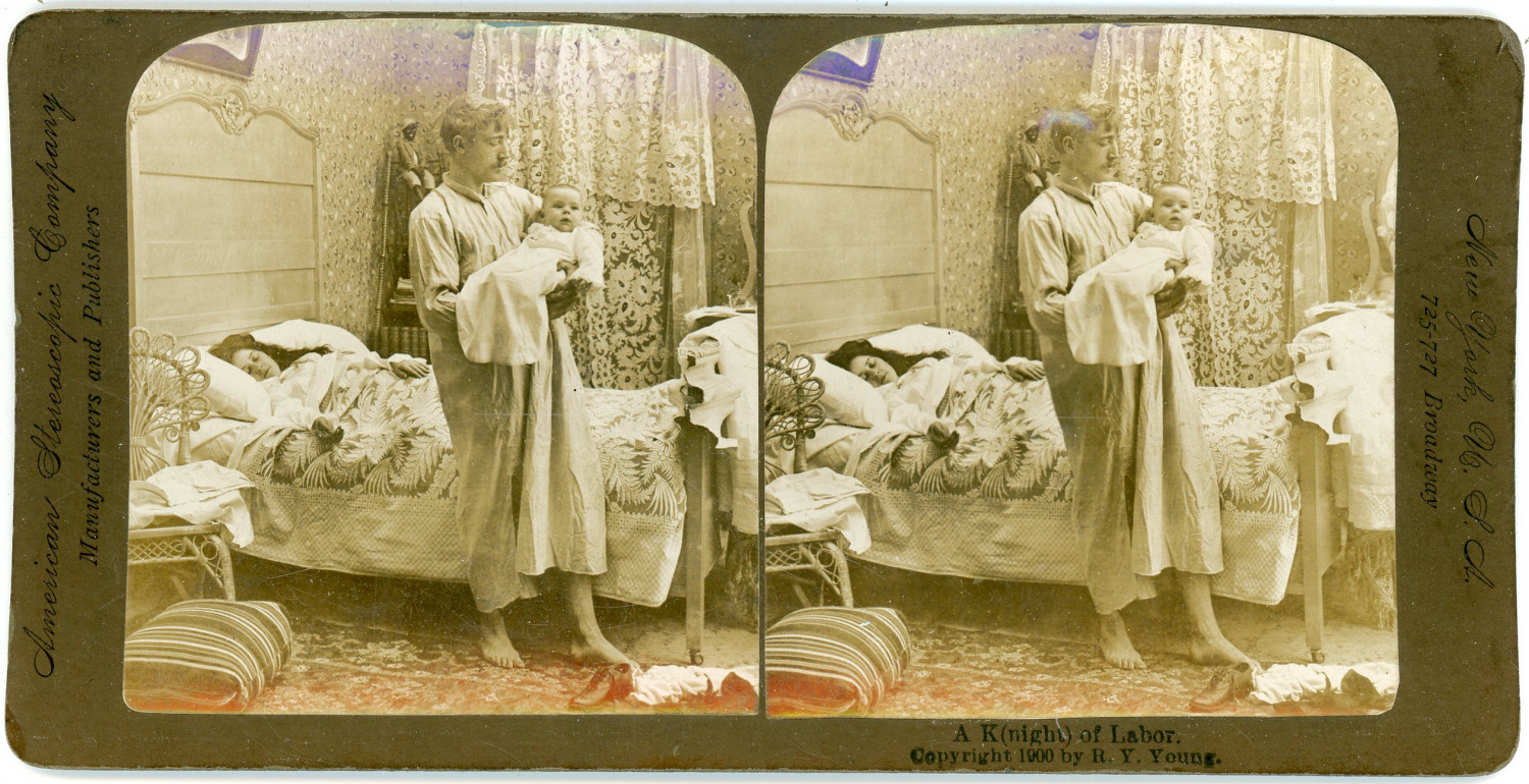 Vintage Stereo A K(night) of labor, man with a baby, 1900 stereo card - R. Y. Yo