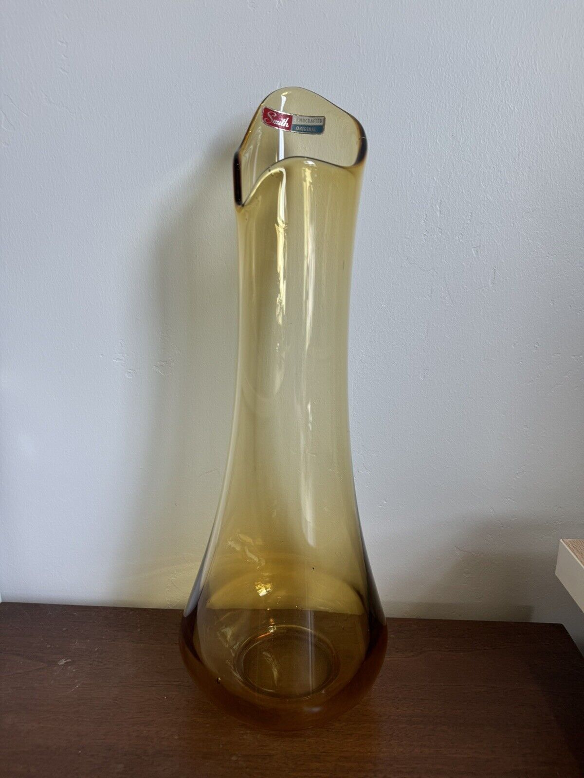 Vtg MCM LE Smith 18.5” Tall Amber Fat Bottom Smoothie Swung Vase W/STICKER