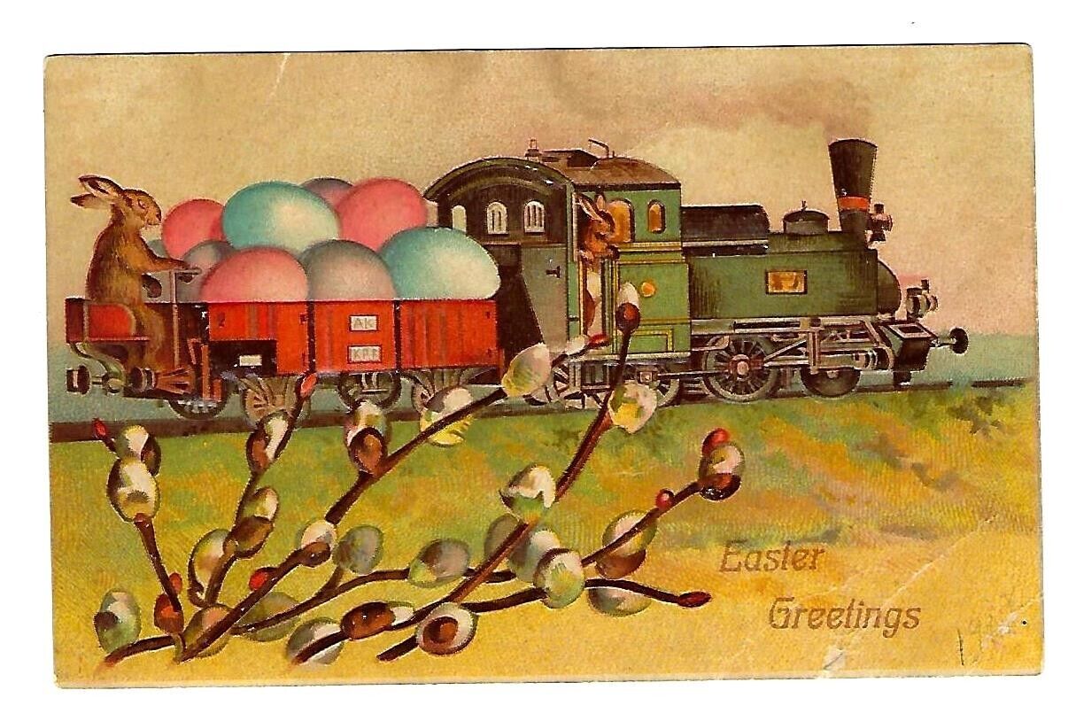 c1909 Easter Postcard 2 Rabbits on a Train Pulling Colored Eggs - Embossed