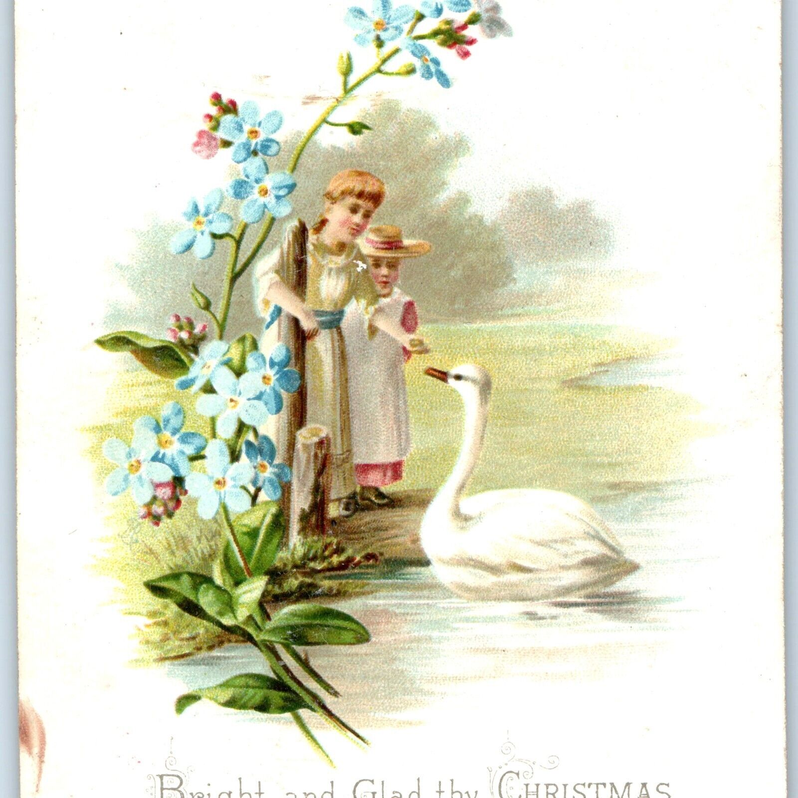 c1880s Christmas Trade Card Bright & Glad Poem Cute Feeding Swan Xmas Floral C35