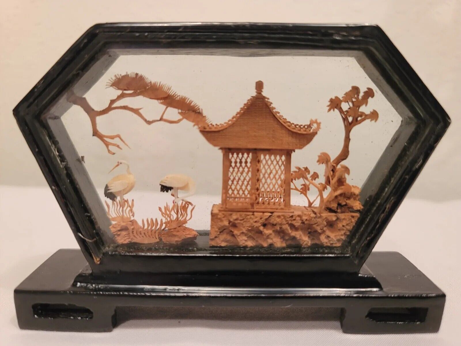 Chinese Cork & Wood Diorama Hand Carved Asian Crane Pagoda Tree Art Glass