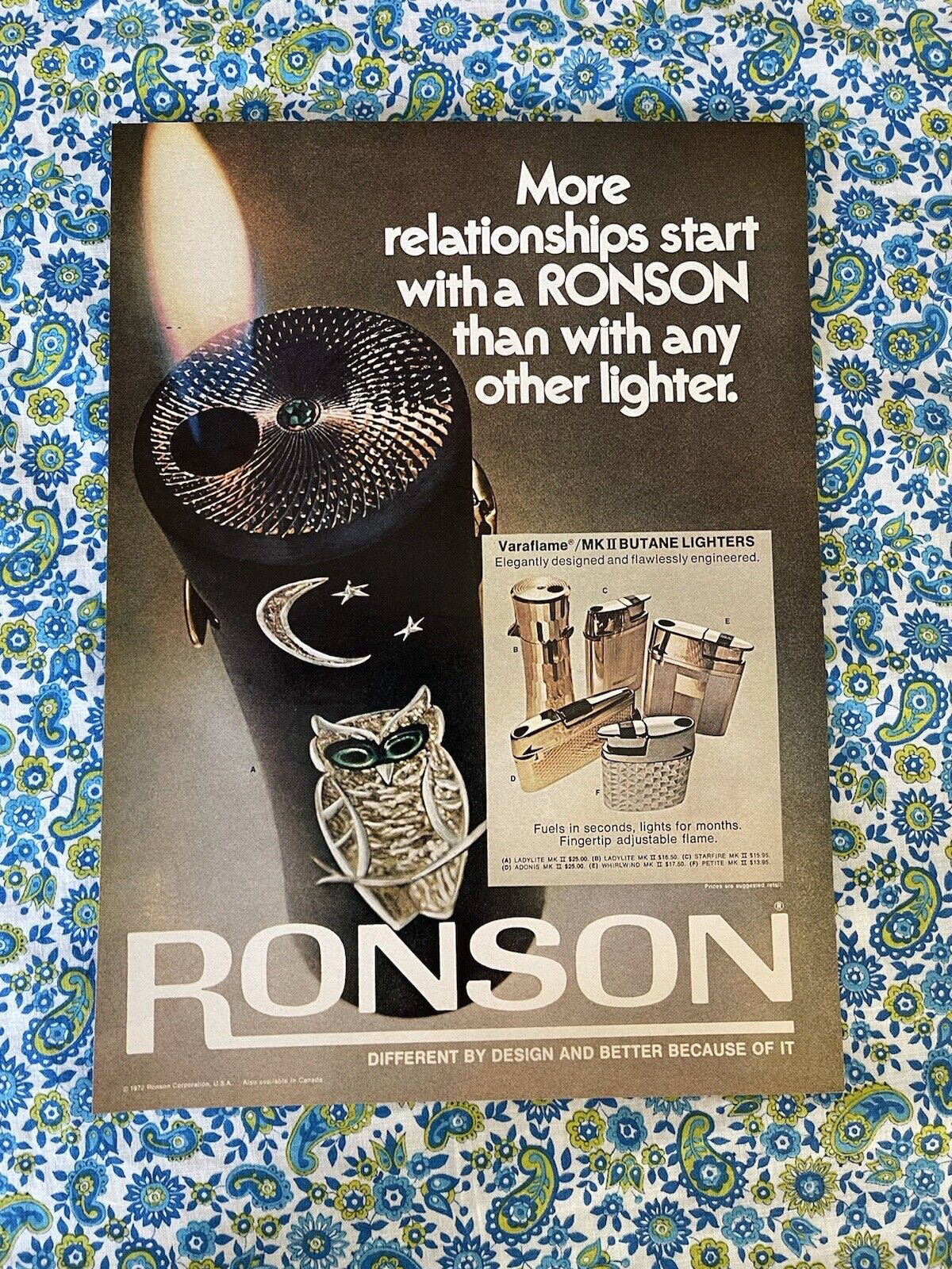 Vintage 1972 Ronson Lighter Print Ad Veraflame MK II Butane Ad Only